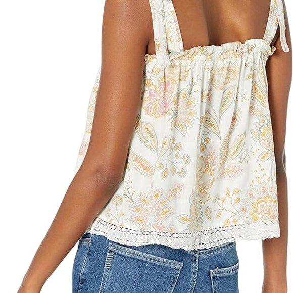 Lucky Brand Easy Tie Shoulder Tank Top in Ivory with Floral Print & Lace Trim - Picture 8 of 9